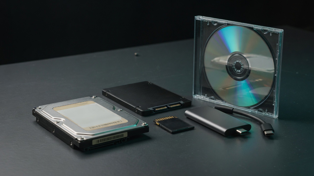 Disque dur, SSD, carte SD, SSD portable et disque optique sur un bureau sombre